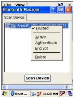 File View Bluetooth Manager Scan Device SHANE (power-infinity) ✓ Trusted Active Authenticate Encrypt Delete Scan Device Bluet... 11:23 AM