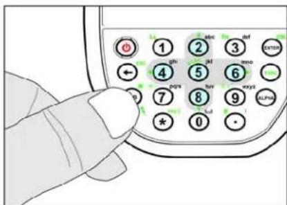 Hand interacting with a phone keypad showing labeled buttons and numbers, likely for dial or app selection.