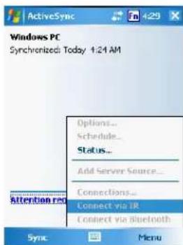 Windows PC Synchronized: Today 1:24 AM Options... Schedule... Status... Add Server Source... Connections... Connect via IR Connect via Bluetooth Sync Menu