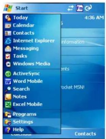 Start Today Calendar Contacts Internet Explorer Messaging Tasks Windows Media ActiveSync Word Mobile Search Notes Excel Mobile Programs Settings Help 4:36 AM Information agents Rocket MSNI Contacts