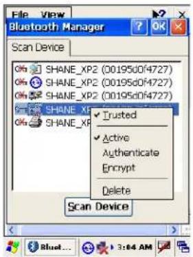 File View Bluetooth Manager Scan Device SHANE_XP2 (0019500f4727) SHANE_XP2 (0019500f4727) SHANE_XP2 (0019500f4727) SHANE_XP ✓ Trusted ✓ Active Authenticate Encrypt Delete Scan Device
