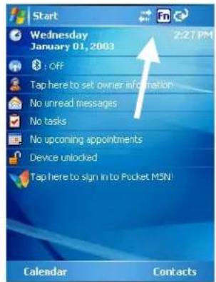 Start Wednesday January 01, 2003 2:27 PM OFF Tap here to set owner information No unread messages No tasks No upcoming appointments Device unlocked Tap here to sign into to Pocket MSN! Calendar Contacts