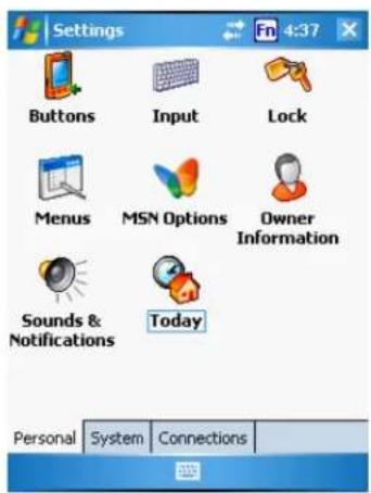 Settings Buttons Input Lock Menus MSN Options Owner Information Sounds & Notifications Today Personal System Connections