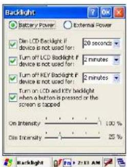 Backlight Battery Power External Power Dim LCD Backlight if: device is not used for: 20 seconds Turn off LCD Backlight if: device is not used for: 2 minutes Turn off KEY Backlight if: device is not used for: 2 minutes Turn on LCD and KEY backlight when a button is pressed or the screen is tapped On Intensity 100 % Die Intensity 25 %