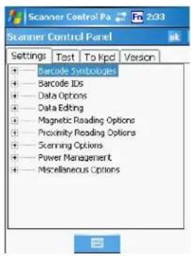 Scanner Control Panel Settings Test To Kpcd Version Barcode Symbologies Barcode IDs Data Options Data Editing Magnetic Reading Options Proximity Reading Options Scanning Options Power Management Miscellaneous Options