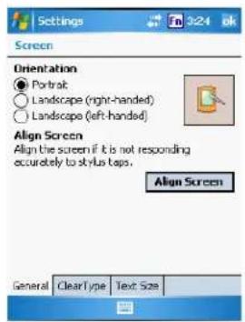 Settings 3:24 ok Screen Orientation ● Portrait ○ Landscape (right-handed) ○ Landscape (left-handed) Align Screen Align the screen if it is not responding accurately to stylus taps. Align Screen General ClearType Text Size