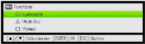 Fonctions ○ : Luminosité △ : Mode Eco □ : Format [▲]/[▼] : Sélectionner [ENTER] : OK [ESC] : Quitter