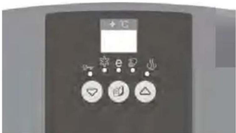 Control panel interface with temperature display and six function icons including heating, cooling, fire, and warning symbols