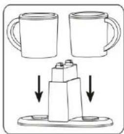 Diagram showing two cups above a base with arrows indicating downward motion (no text or symbols)