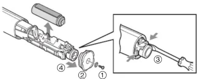 Technical diagram showing exploded view of mechanical assembly with numbered components and directional arrows indicating assembly steps.