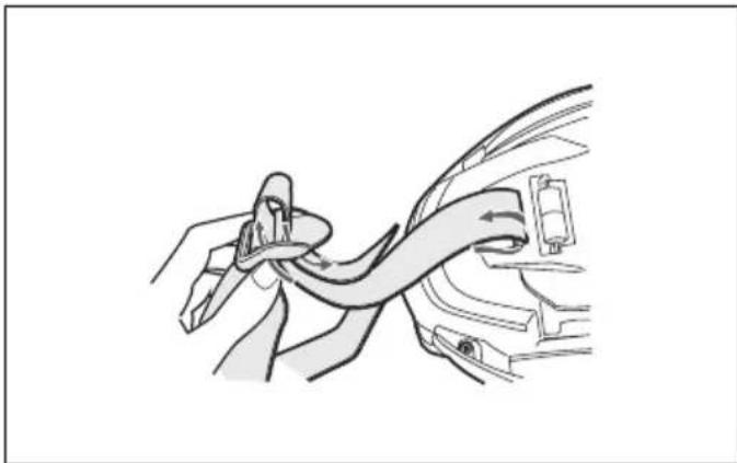 Line drawing of a car seatbelt being lifted by hand (no text or symbols)