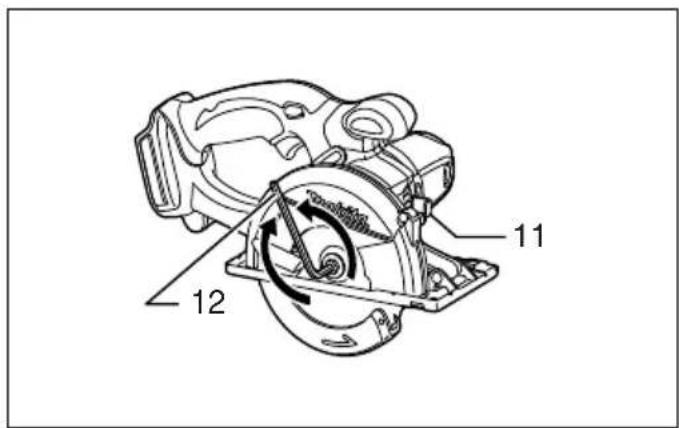 Technical diagram of a mechanical device with labeled parts 11 and 12, showing internal components and motion arrows.