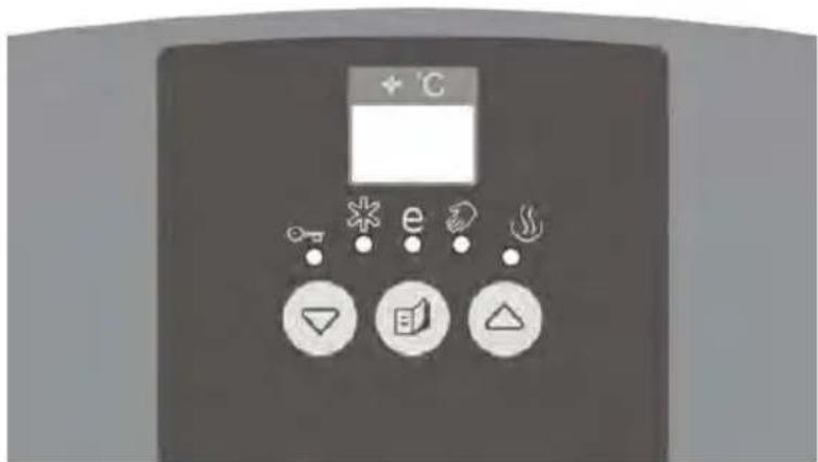 Control panel interface with temperature display and six function icons including key, star, e, flame, down-triangle, open book, and triangle.