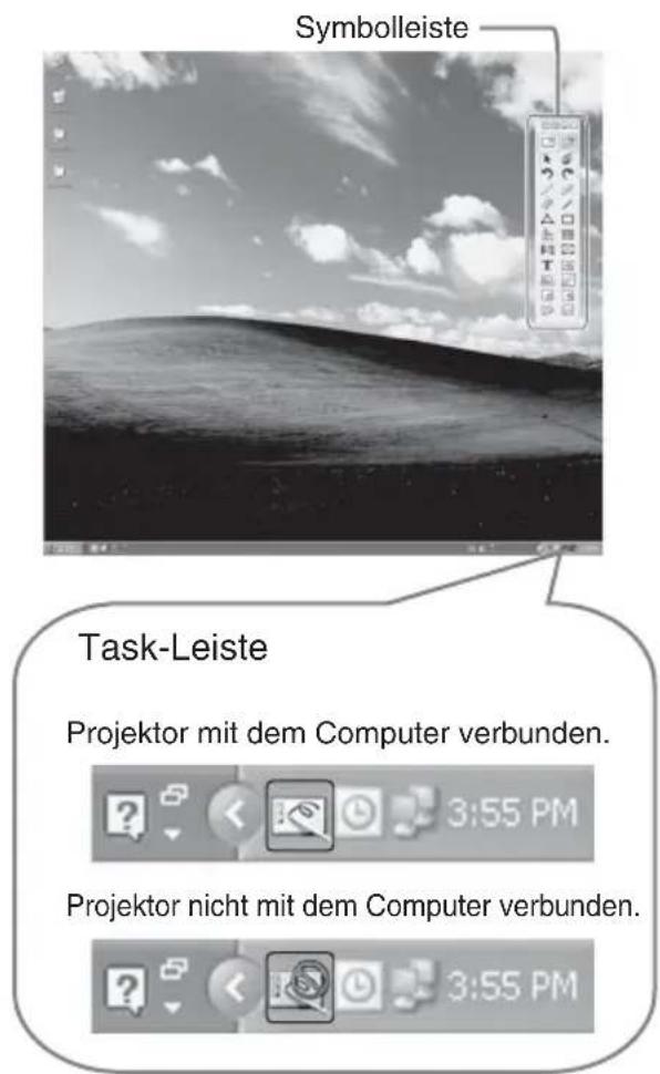 Symbolleiste Task-Leiste Projektor mit dem Computer verbunden. 3:55 PM Projektor nicht mit dem Computer verbunden. 3:55 PM