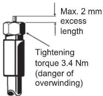 Max. 2 mm excess length Tightening torque 3.4 Nm (danger of overwinding)