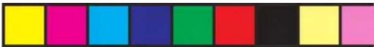 Color test bar with eight solid color blocks (yellow, magenta, cyan, blue, green, red, black, yellow, pink) on white background