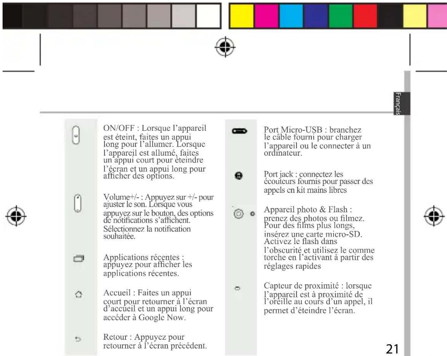 ON/OFF : Lorsque l'appareil est éteint, faites un appui long pour l'allumer. Lorsque l'appareil est allumé, faites un appui court pour éteindre l'écran et un appui long pour afficher des options. Volume+/- : Appuyez sur +/- pour ajuster le son. Lorsque vous appuyez sur le bouton, des options de noti…