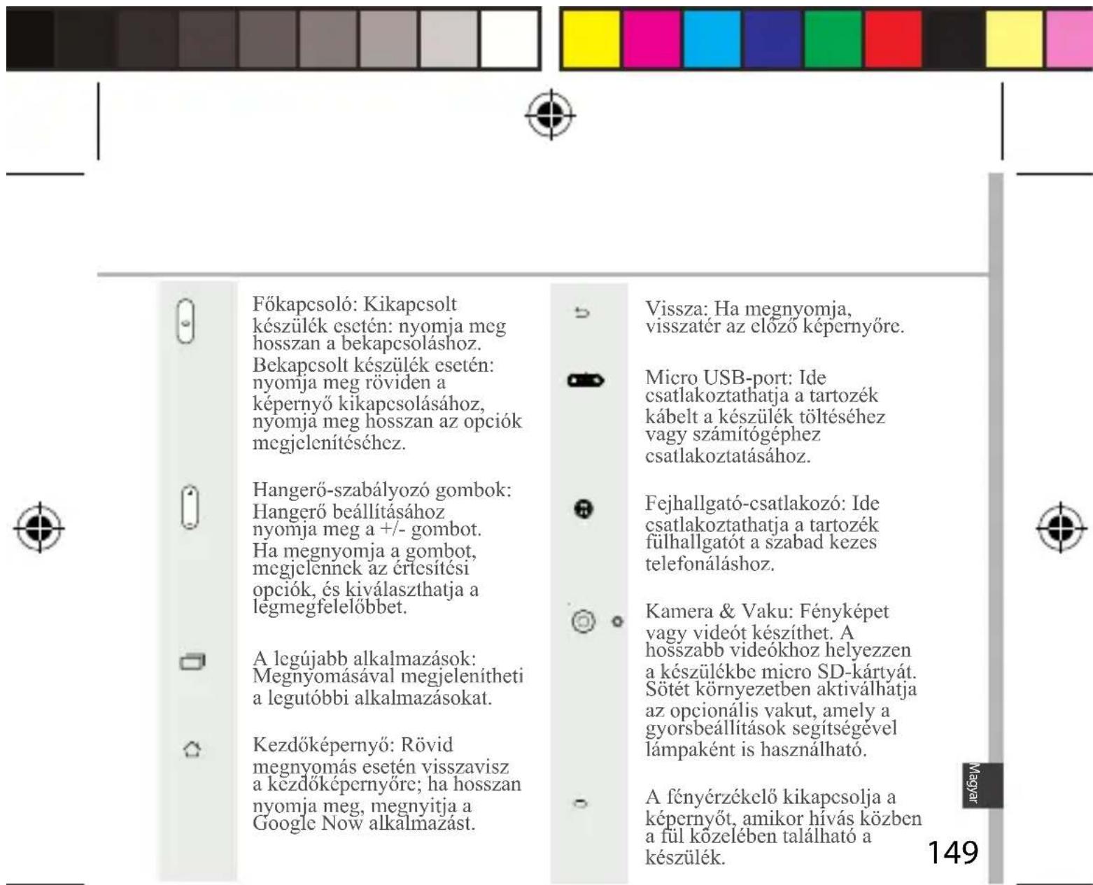 Főkapcsoló: Kikapcsolt készülék csetén: nyomja meg hosszan a bekapcsoláshoz. Bekapcsolt készülék esetén: nyomja meg röviden a képernyő kikapcsolásához, nyomja meg hosszan az opciók megjelenítéséhez. Hangerő-szabályozó gombok: Hangerő beállításához nyomja meg a +/- gombot. Ha megnyomja a gombot, megj…