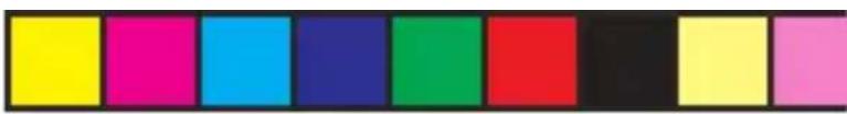 Color swatch bar with eight distinct squares in yellow, magenta, cyan, blue, green, red, black, and yellow (no text or symbols)