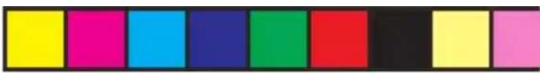 Color swatch bar with eight distinct color blocks (yellow, magenta, cyan, blue, green, red, black, yellow, pink) on white background