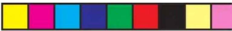 Color swatch bar with eight distinct squares in yellow, magenta, cyan, blue, green, red, black, and yellow (no text or symbols)