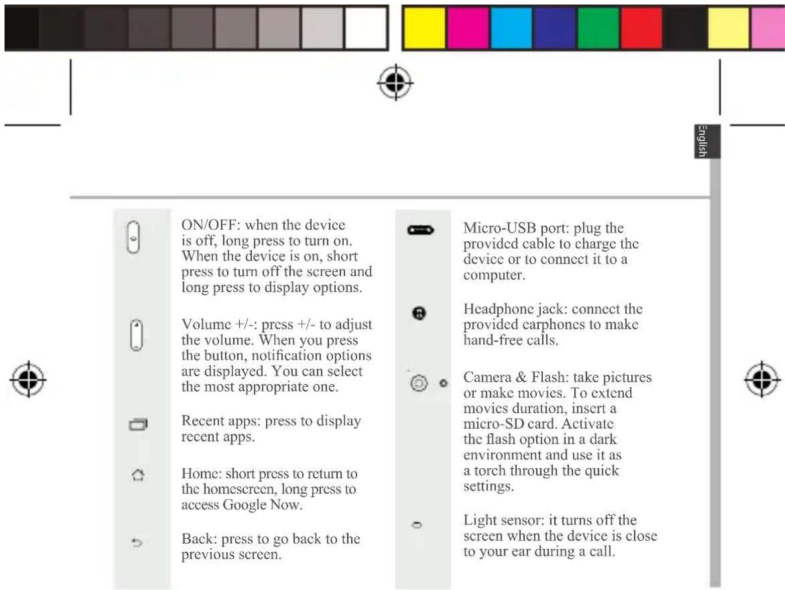 ON/OFF: when the device is off, long press to turn on. When the device is on, short press to turn off the screen and long press to display options. Volume +/-: press +/- to adjust the volume. When you press the button, notification options are displayed. You can select the most appropriate one. Rece…