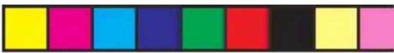 Color swatch bar with eight solid color blocks (yellow, magenta, cyan, blue, green, red, black, yellow, pink) in a horizontal row (no text or symbols)