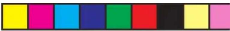 Color swatch bar with eight distinct squares in yellow, magenta, cyan, blue, green, red, black, and light yellow (no text or symbols)