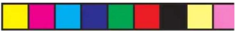 Color swatch bar with eight distinct squares in yellow, magenta, cyan, blue, green, red, black, and yellow (no text or symbols)