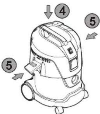 Diagram of a vacuum cleaner with numbered parts indicating mechanical components and airflow direction