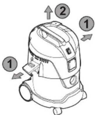 Diagram of a vacuum cleaner with numbered parts indicating airflow direction and component placement
