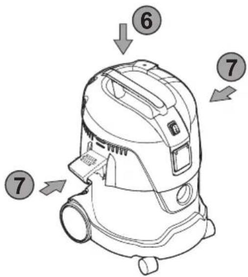 Diagram of a vacuum cleaner with numbered callouts indicating component steps