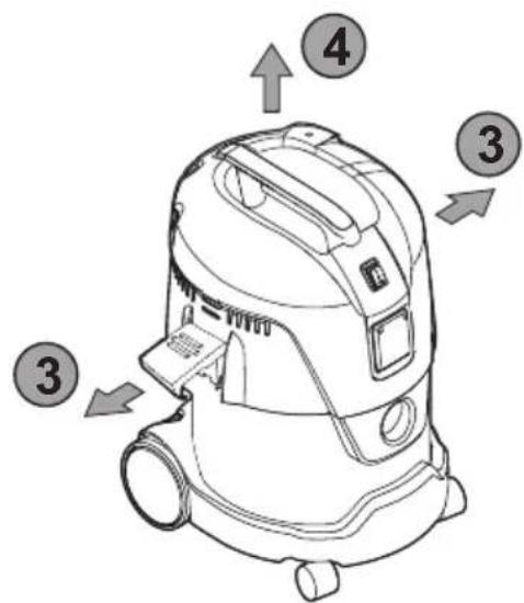 Diagram of a vacuum cleaner with numbered parts indicating airflow direction