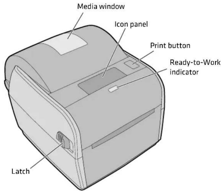 Media window Icon panel Print button Ready-to-Work indicator Latch
