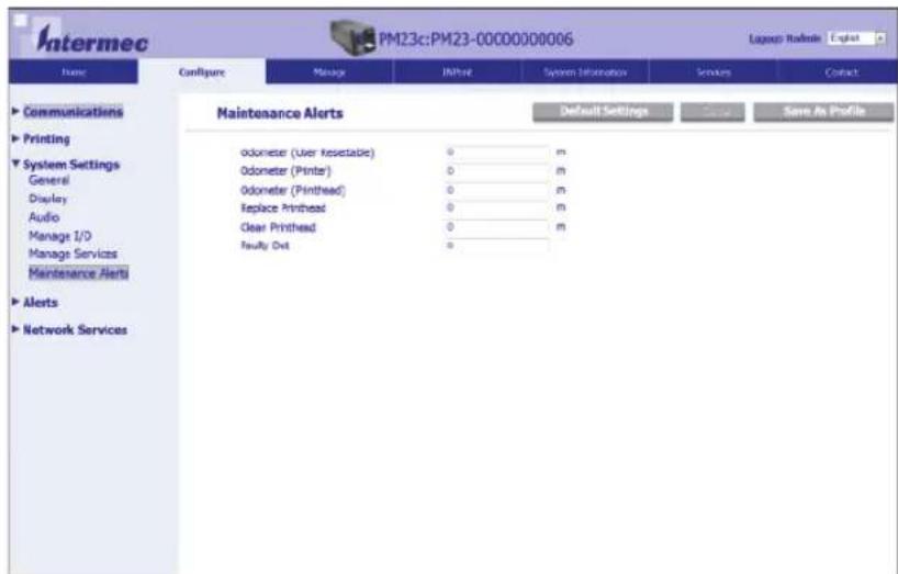Intermec PM23c:PM23-0000000006 Logexp Modems English Name Configure Manage INPUT System Information Services Contact Communications Maintenance Alerts Default Settings Save As Profile Printing System Settings General Display Audio Manage I/O Manage Services Maintenance Alerts Alerts Network Services odometer (User Resetable) 0 m odometer (Prints) 0 m odometer (Pinthhead) 0 m Replace Pinthhead 0 m Clear Pinthhead 0 m Faulty Out 0 m