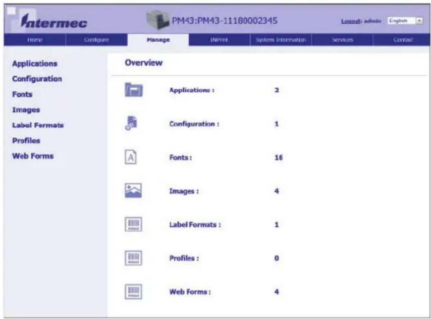 Intermec PM43:PM43-11180002345 Login: admin English Home Configure Manage INPRINT System Information Services Contact Applications Overview Configuration Fonts Applications : 2 Images Label Formats Configuration : 1 Profiles Web Forms Fonts : 16 Images : 4 Label Formats : 1 Profiles : 0 Web Forms : 4