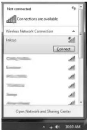 Not connected Connections are available Wireless Network Connection Linkys Connect Open Network and Sharing Center