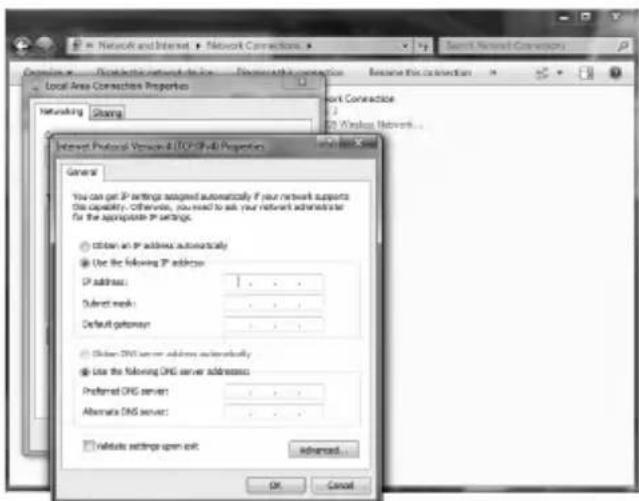 Network and Internet > Network Connections > Connect to: Local Area Connections Properties Networking: Sharing Internet Protocol Version 4 (TCP/IP) Properties General You can get IP settings assigned automatically if your network supports this capability. Otherwise, you need to ask your network administrator for the appropriate IP settings. ● User an IP address automatically ● Use the following IP address: IP address: Submit key: Default gateway: ○ User DNS server address automatically ● Use the following DNS server addresses: Preferred DNS server: Alternate DNS server: ● Update settings open exit Advanced... OK Cancel