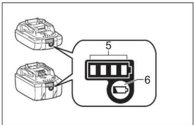 Diagram showing two battery packs connected to a 5-pin connector with labeled parts 5 and 6