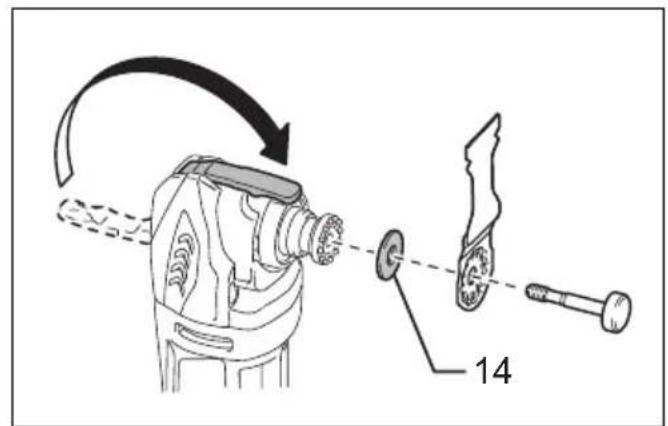 Diagram showing mechanical assembly with labeled parts and directional arrow indicating rotation or motion