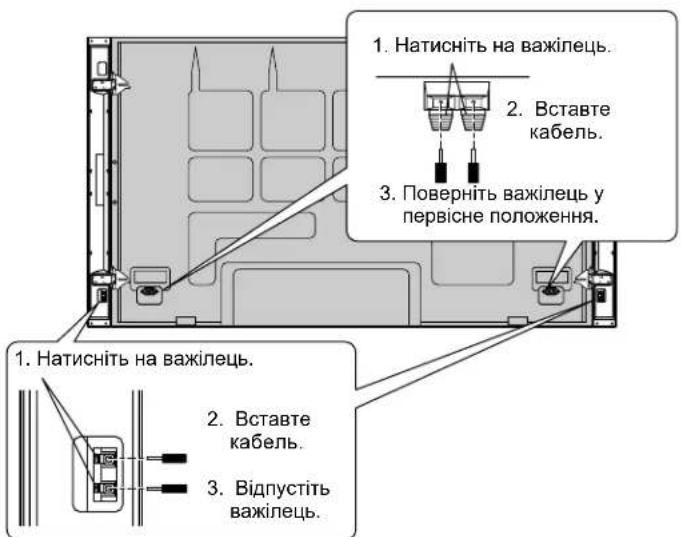 1. Натисніть на важілець. 2. Вставте кабель. 3. Поверніть важілець у первісне положення. 1. Натисніть на важілець. 2. Вставте кабель. 3. Відпустить важілець.