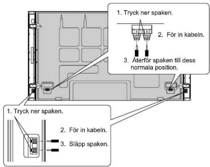 1. Tryck ner spaken. 2. För in kabeln. 3. Äterför spaken till dess normala position. 1. Tryck ner spaken. 2. För in kabeln. 3. Släpp spaken.