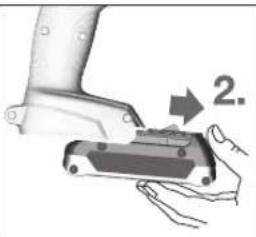 Illustration of a hand holding a mechanical device with an arrow indicating step 2 (no text or symbols present)