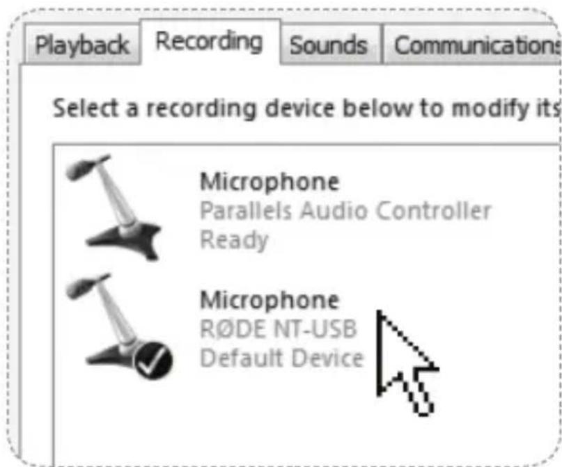 Playback Recording Sounds Communications Select a recording device below to modify its Microphone Parallels Audio Controller Ready Microphone RØDE NT-USB Default Device