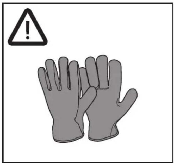 Warning symbol with exclamation mark and two gloves, commonly used in safety or hazard prevention context