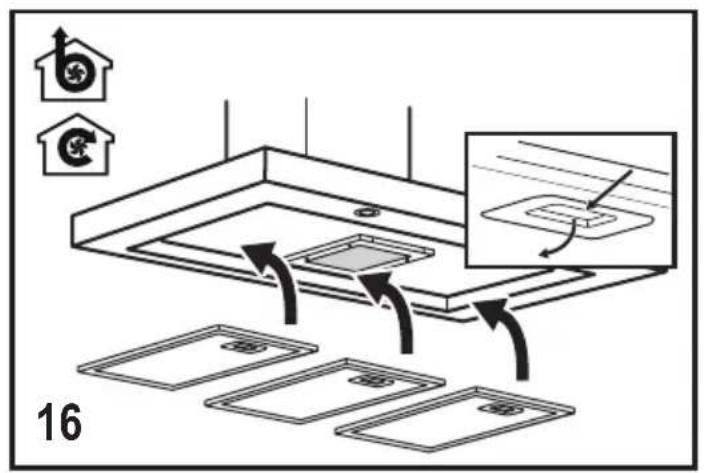 Diagram illustrating a ceiling-mounted appliance with labeled components and airflow indicators, including a recycling symbol and a magnified inset showing internal structure.