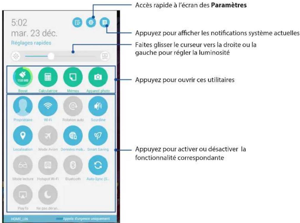 5:02 mar. 23 déc. Réglages rapides Accès rapide à l'écran des Paramètres Appuyez pour afficher les notifications système actuelles Faites glisser le curseur vers la droite ou la gauche pour régler la luminosité Appuyez pour ouvrir ces utilitaires Appuyez pour activer ou désactiver la fonctionnalité…