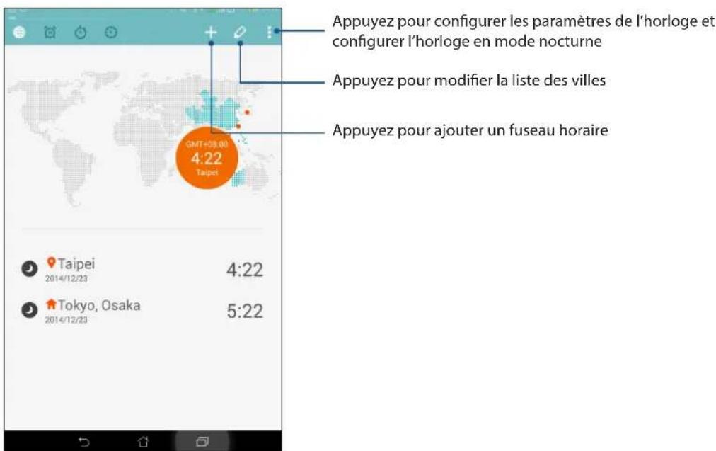 Appuyez pour configurer les paramètres de l'horloge et configurer l'horloge en mode nocturne. Appuyez pour modifier la liste des villes. Appuyez pour ajouter un fuseau horaire. GMT+08:00. 4:22. Taipei. Taipei. 2014/12/23. 4:22. Tokyo, Osaka. 2014/12/23. 5:22
