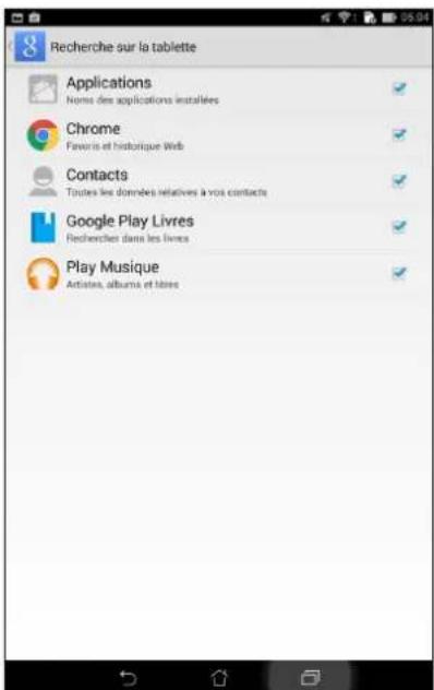 Recherche sur la tablette Applications Noms des applications installées Chrome Favoris et historique Web Contacts Toutes les données relatives à vos contacts Google Play Livres Rechercher dans les livres Play Musique Artistes, albums et livres