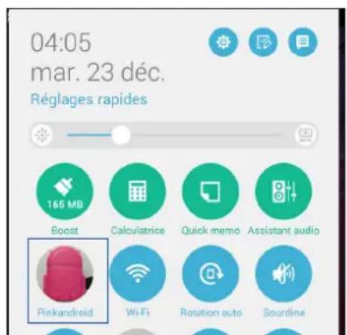 04:05 mar. 23 déc. Réglages rapides 165 MB Boost Calculatrice Quick memo Assistant audio Pinkandroid Wi-Fi Rotation auto Sourdine